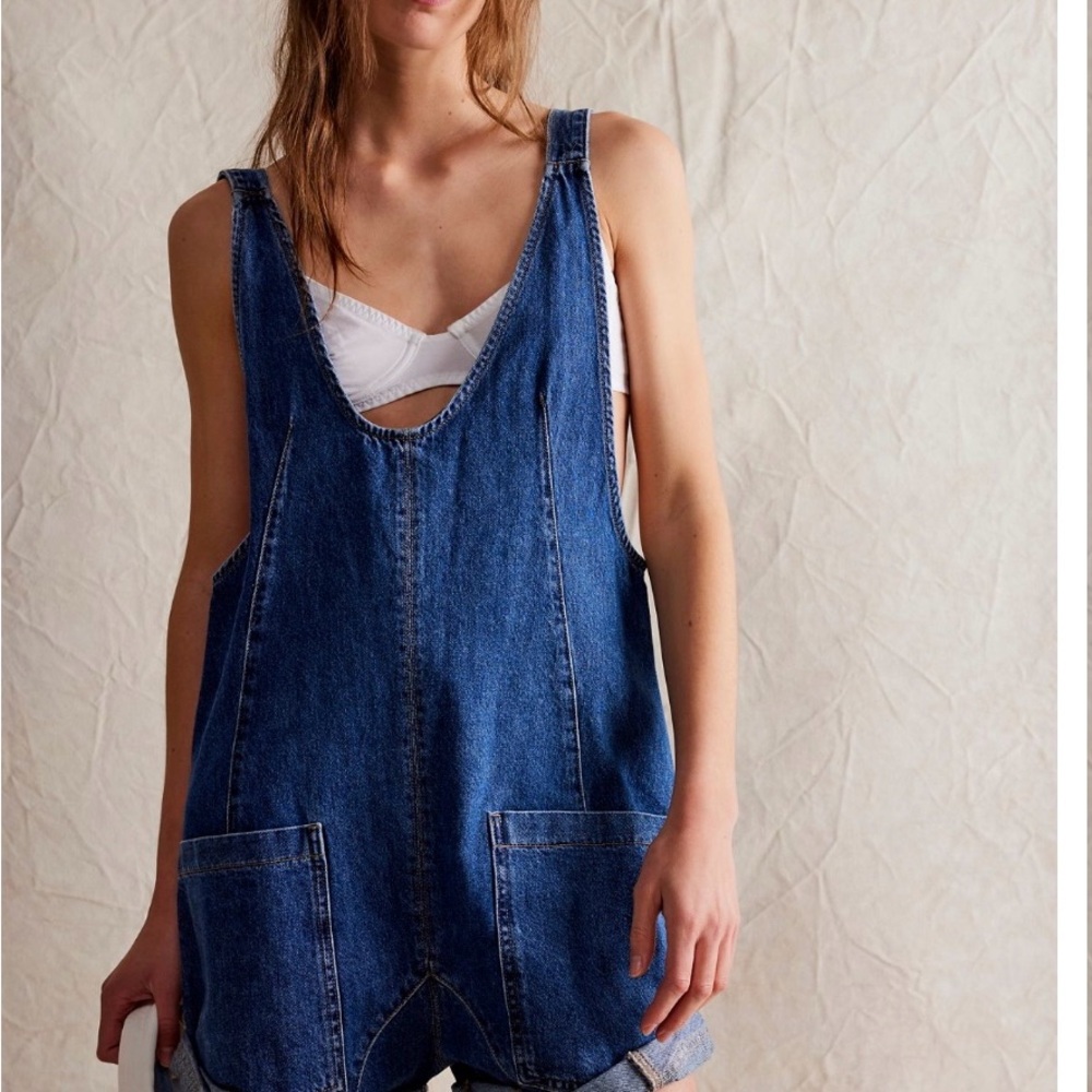 Free People Blue Denim Overalls Relaxed Fit